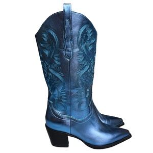 Worn Once! | Blue Metallic Knee High Embroidered Stitching Cowboy Boots